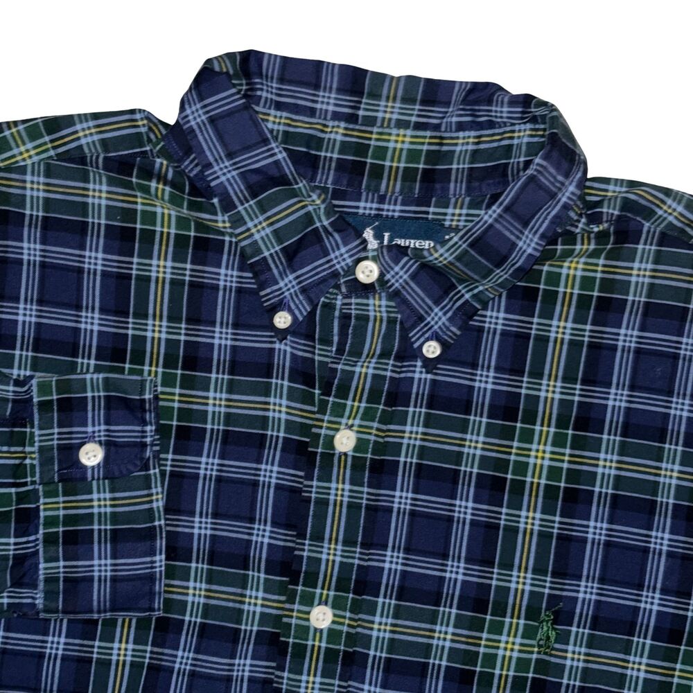 Ralph Lauren Button Up Shirt Mens XXL 2XL Blue Green Yellow Plaid Long Sleeves
